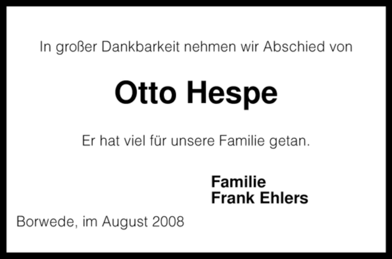  Traueranzeige für Otto Hespe vom 21.08.2008 aus KREISZEITUNG SYKE