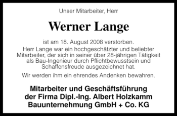 Traueranzeige von Werner Lange von KREISZEITUNG SYKE