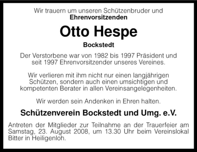  Traueranzeige für Otto Hespe vom 21.08.2008 aus KREISZEITUNG SYKE