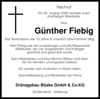 Traueranzeige von Günther Fiebig von KREISZEITUNG SYKE