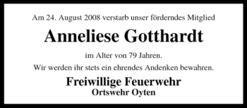 Traueranzeige von Anneliese Gotthardt von KREISZEITUNG SYKE