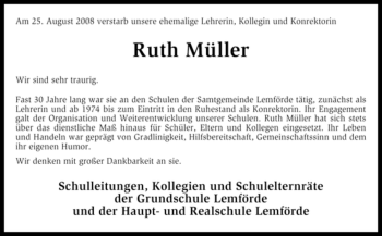 Traueranzeige von Ruth Müller von KREISZEITUNG SYKE