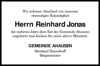 Traueranzeige von Reinhard Jonas von KREISZEITUNG SYKE