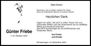 Traueranzeige von Günter Friebe von KREISZEITUNG SYKE