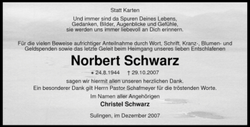 Traueranzeige von Norbert Schwarz von KREISZEITUNG SYKE