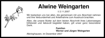 Traueranzeige von Alwine Weingarten von KREISZEITUNG SYKE