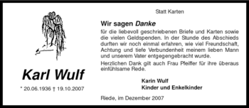 Traueranzeige von Karl Wulf von KREISZEITUNG SYKE