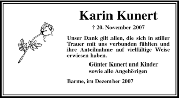 Traueranzeige von Karin Kunert von KREISZEITUNG SYKE