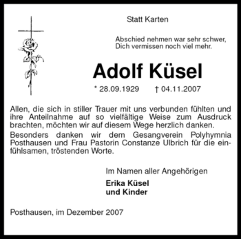 Traueranzeige von Adolf Küsel von KREISZEITUNG SYKE