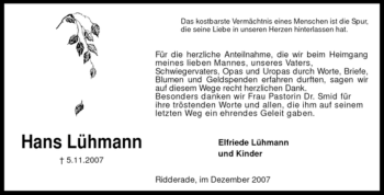 Traueranzeige von Hans Lühmann von KREISZEITUNG SYKE