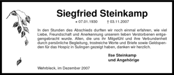 Traueranzeige von Siegfried Steinkamp von KREISZEITUNG SYKE