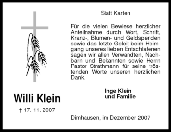 Traueranzeige von Willi Klein von KREISZEITUNG SYKE