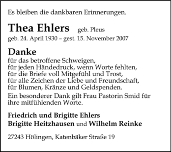 Traueranzeige von Thea Ehlers von KREISZEITUNG SYKE