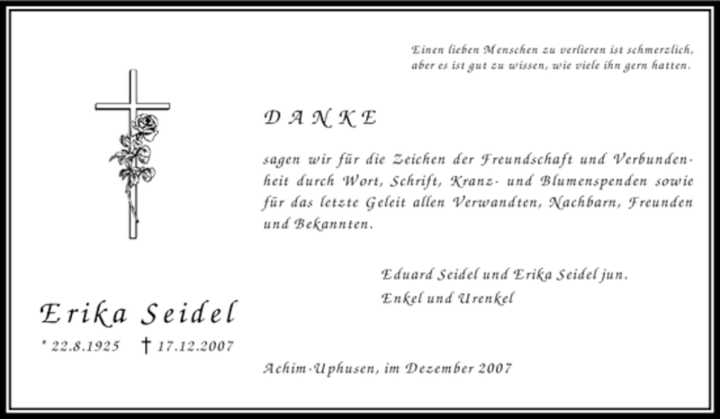  Traueranzeige für Erika Seidel vom 29.12.2007 aus KREISZEITUNG SYKE