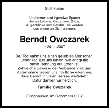 Traueranzeige von Berndt Owczarek von KREISZEITUNG SYKE