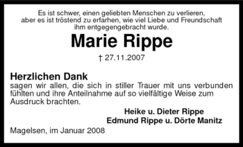 Traueranzeige von Marie Rippe von KREISZEITUNG SYKE