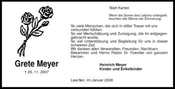 Traueranzeige von Grete Meyer von KREISZEITUNG SYKE