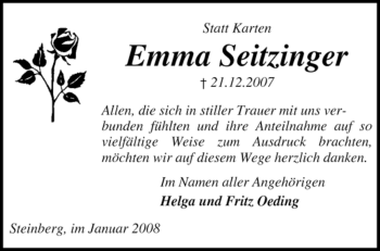 Traueranzeige von Emma Seitzinger von KREISZEITUNG SYKE