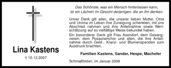 Traueranzeige von Lina Kastens von KREISZEITUNG SYKE