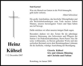 Traueranzeige von Heinz Kühsel von KREISZEITUNG SYKE
