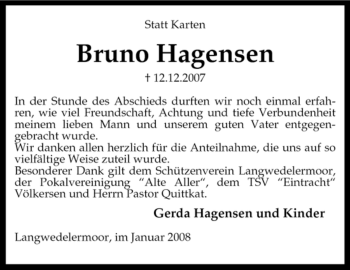 Traueranzeige von Bruno Hagensen von KREISZEITUNG SYKE