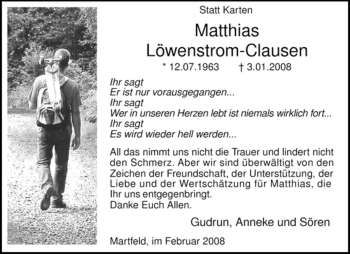 Traueranzeige von Matthias Löwenstrom-Clausen von KREISZEITUNG SYKE