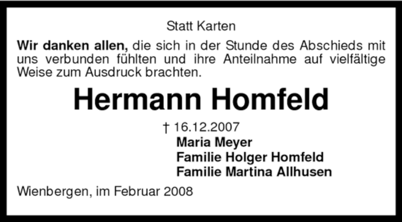  Traueranzeige für Hermann Homfeld vom 02.02.2008 aus KREISZEITUNG SYKE