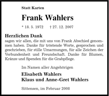 Traueranzeige von Frank Wahlers von KREISZEITUNG SYKE