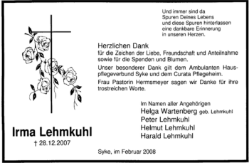 Traueranzeige von Irma Lehmkuhl von KREISZEITUNG SYKE