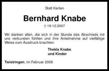 Traueranzeige von Bernhard Knabe von KREISZEITUNG SYKE