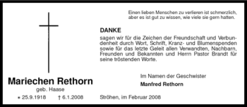 Traueranzeige von Mariechen Rethorn von KREISZEITUNG SYKE