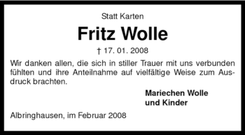 Traueranzeige von Fritz Wolle von KREISZEITUNG SYKE