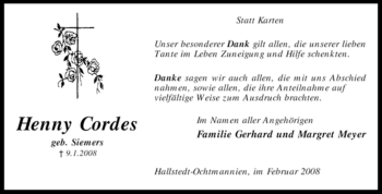 Traueranzeige von Henny Cordes von KREISZEITUNG SYKE