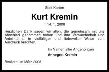 Traueranzeige von Kurt Kremin von KREISZEITUNG SYKE