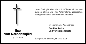 Traueranzeige von Ilse von Nordenskjöld von KREISZEITUNG SYKE