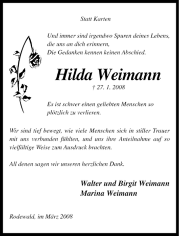 Traueranzeige von Hilda Weimann von KREISZEITUNG SYKE