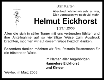 Traueranzeige von Helmut Eickhorst von KREISZEITUNG SYKE