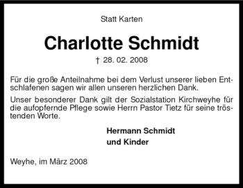 Traueranzeige von Charlotte Schmidt von KREISZEITUNG SYKE