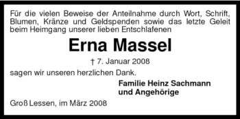 Traueranzeige von Erna Massel von KREISZEITUNG SYKE