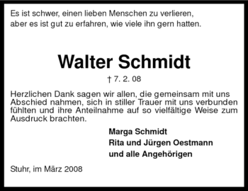 Traueranzeige von Walter Schmidt von KREISZEITUNG SYKE