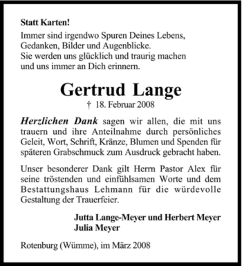 Traueranzeige von Gertrud Lange von KREISZEITUNG SYKE