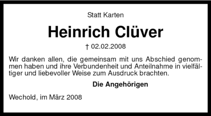  Traueranzeige für Heinrich Clüver vom 22.03.2008 aus KREISZEITUNG SYKE