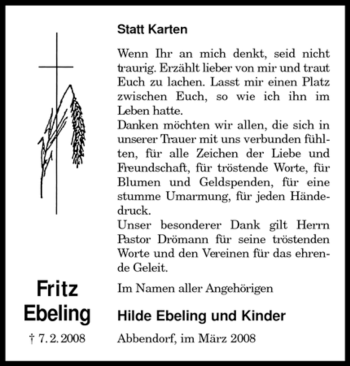 Traueranzeige von Fritz Ebeling von KREISZEITUNG SYKE