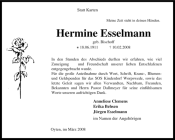 Traueranzeige von Hermine Esselmann von KREISZEITUNG SYKE