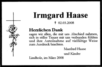 Traueranzeige von Irmgard Haase von KREISZEITUNG SYKE