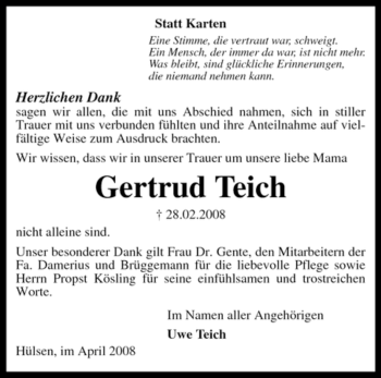 Traueranzeige von Gertrud Teich von KREISZEITUNG SYKE