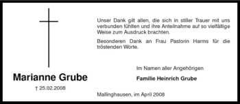 Traueranzeige von Marianne Grube von KREISZEITUNG SYKE