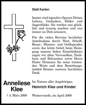 Traueranzeige von Anneliese Klee von KREISZEITUNG SYKE