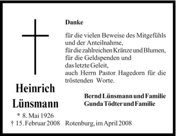 Traueranzeige von Heinrich Lünsmann von KREISZEITUNG SYKE