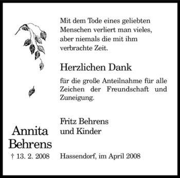 Traueranzeige von Annita Behrens von KREISZEITUNG SYKE